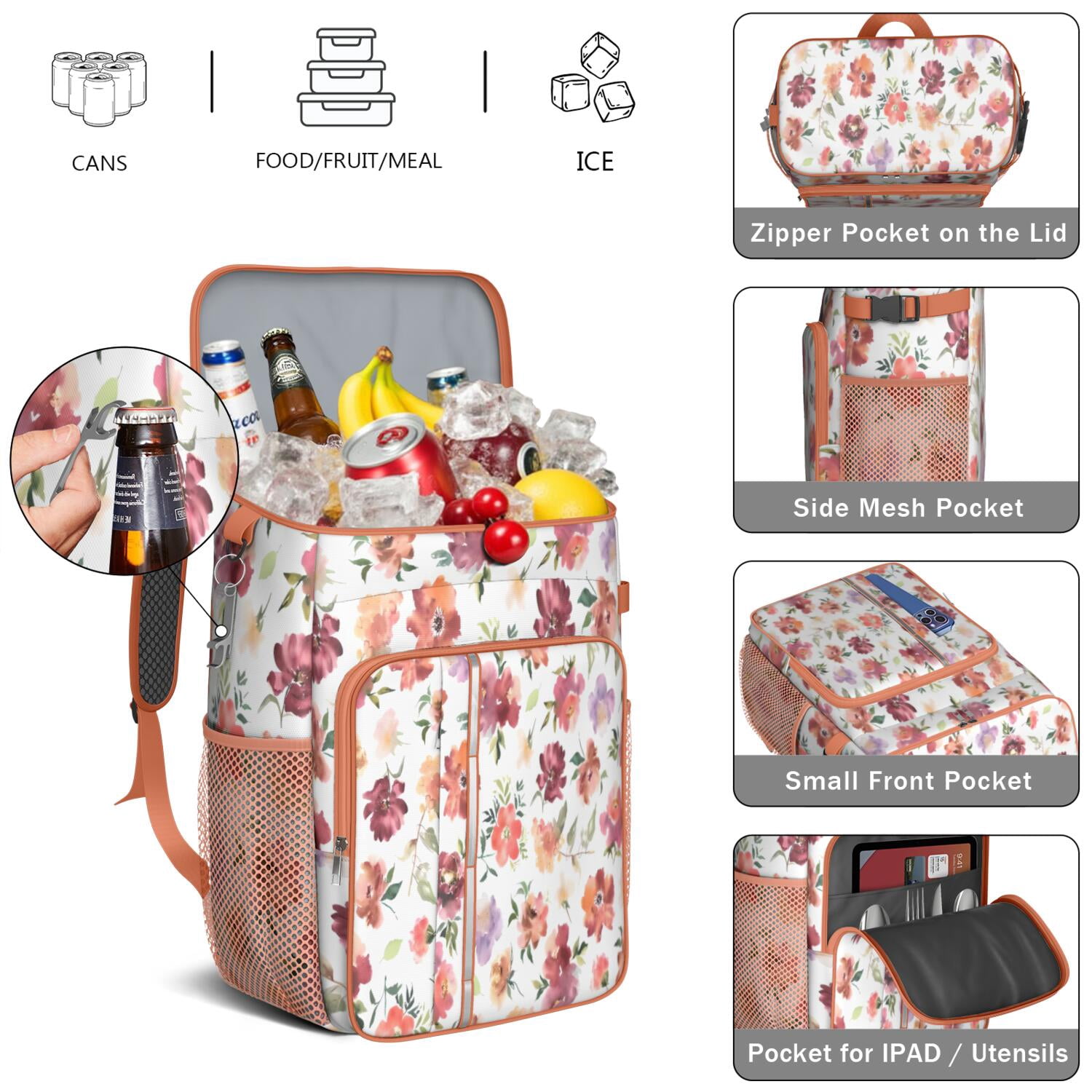 Travel Cooler Bag - Pioneer Flower Floral Print Pattern Camping Beer Cooler Backpack with Bottle Opener- Waterproof Insulated Picnic Backpacks - Cooler Bag for Beach