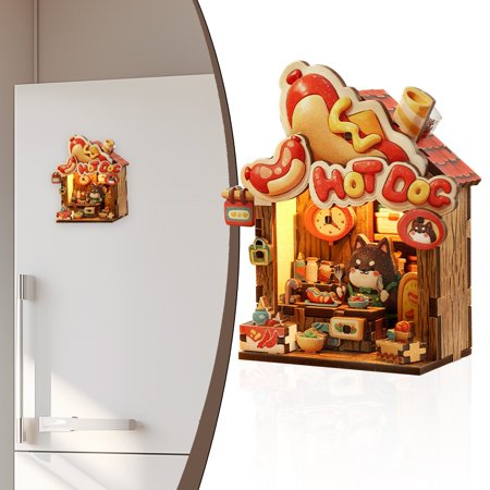 Xingjin 3D Wooden Puzzle Kit Miniature Dollhouse with LED Light and Magnet DIY Building Set for Bookshelf Desk Decor for Adults Beginners