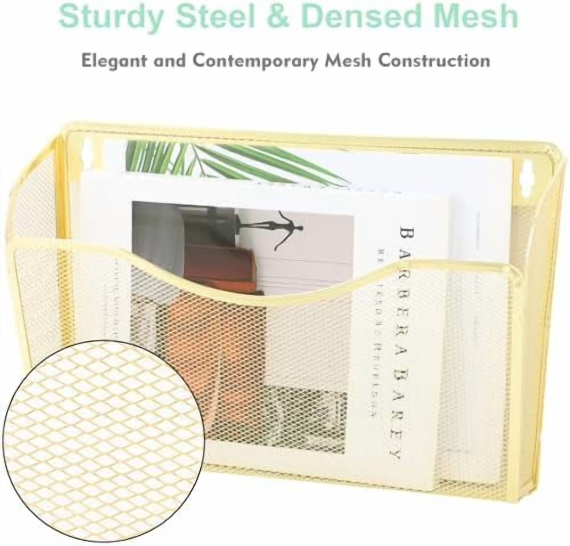 3 Single Pocket Mesh Hanging File Organizer, Vertical Wall Mounted Magazine File Holder, Mount Basket Mail Paper Document Folder Organizing for Office, Home and School, Gold