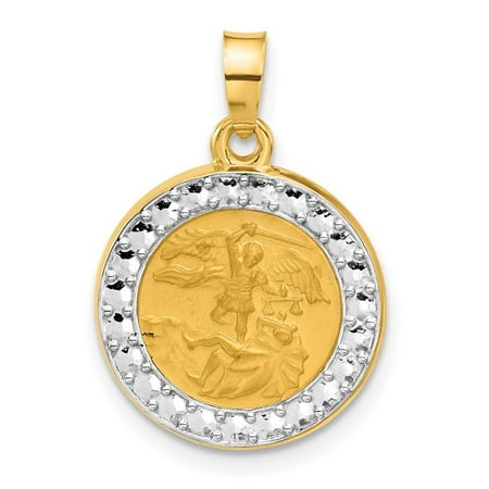 Diamond2Deal 14k Yellow Gold with White Rhodium Hollow St. Michael Medal for Women (L-22.5 mm, W-16.4 mm)