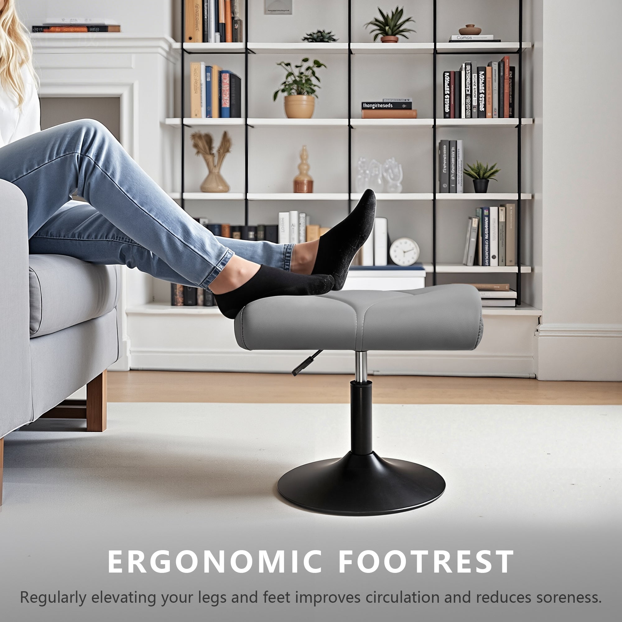 VECELO Footrest Height Adjustable Ottoman Leg and Foot Rest for Work Comfort, Computer Desk Swivel Stool with Thick Padding, Office Seat, Grey