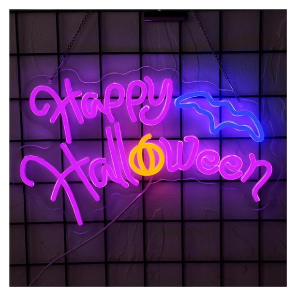 Letrero De Neón Happy Halloween Con Luz LED De Calabaza Y Murciélago Regulable Por USB Para Ventanas De Dormitorios Decoración De Fiestas 40cmx23.6cm