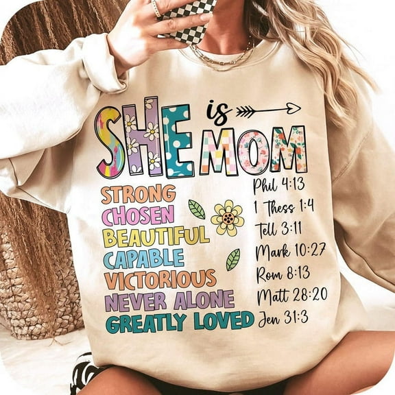 She Is Mom Sweatshirt, Blessed Mom Floral Shirt, Retro Mama Life Crewneck, Mother’s Day Gift for Mom, Inspirational Mom Quote