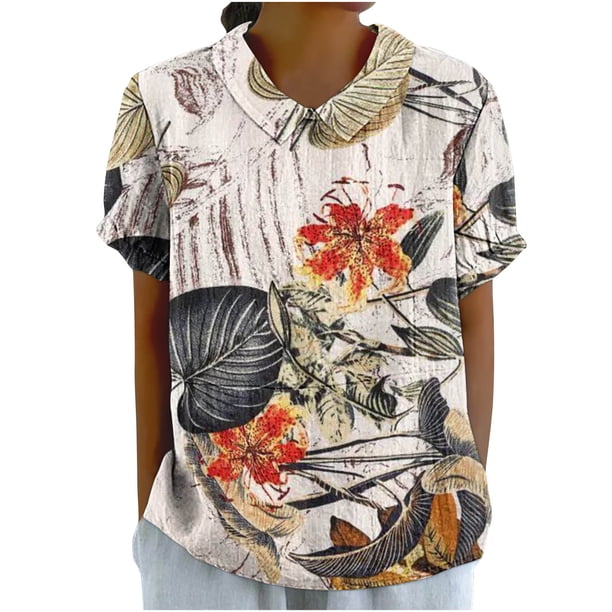 Blusas de Manga Corta para las Mujeres Cuello de Muñeca Lindo Lino Algodón, Impreso Suelto Camiseta para el Uso Casual, Diario Y de Verano