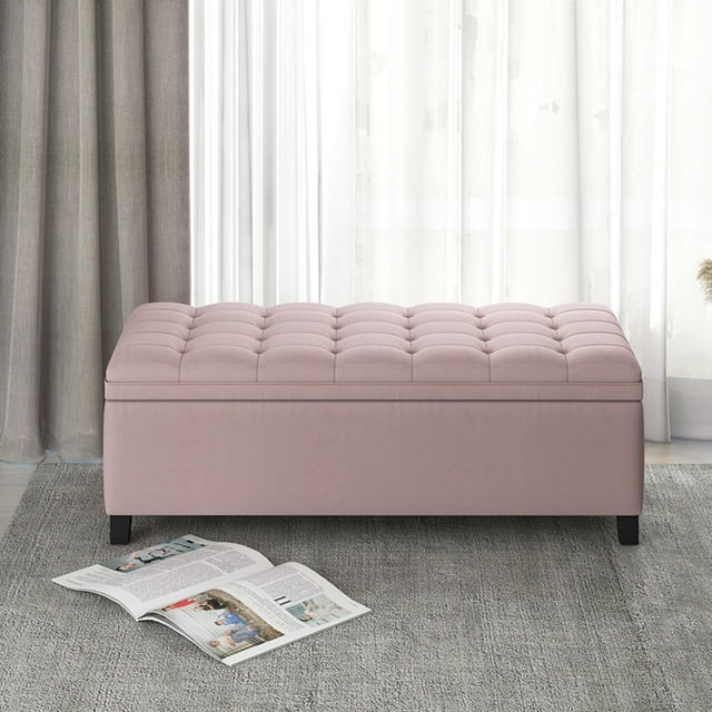 Flip Top Storage Ottoman Bench with Button Tufted Top, Rectangular Upholstered Footstool with Rubber Wood Legs Polyester Fabric Toy Chest Bedside Accent Sofa for Living Room Entryway Hallway Bedroom