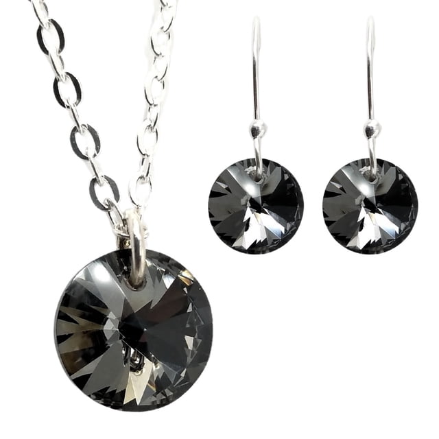 Juego de aretes y cadena con dije corte Xilion, plata mexicana ley .925, Plata media noche