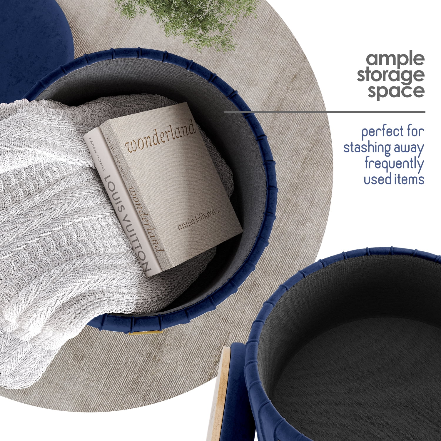 Hearth & Harbor Round Ottoman with Storage, Luxurious Foot Stool and Chic Vanity Stool with Storage, Elegant Pleated Velvet Blue