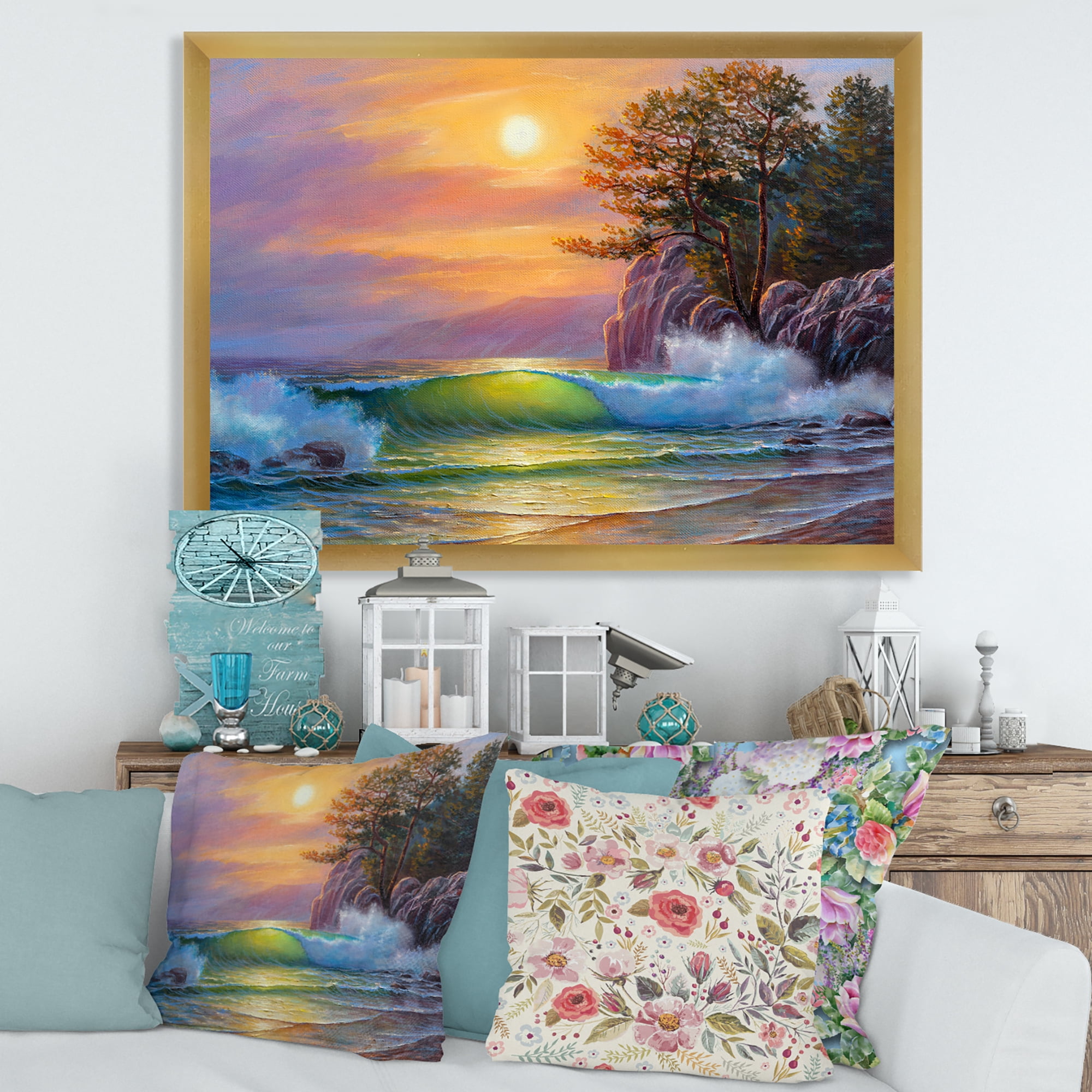 Designart 'Sunrise On Sea Waves By The Pine Trees' Nautical & Coastal Framed Art Print