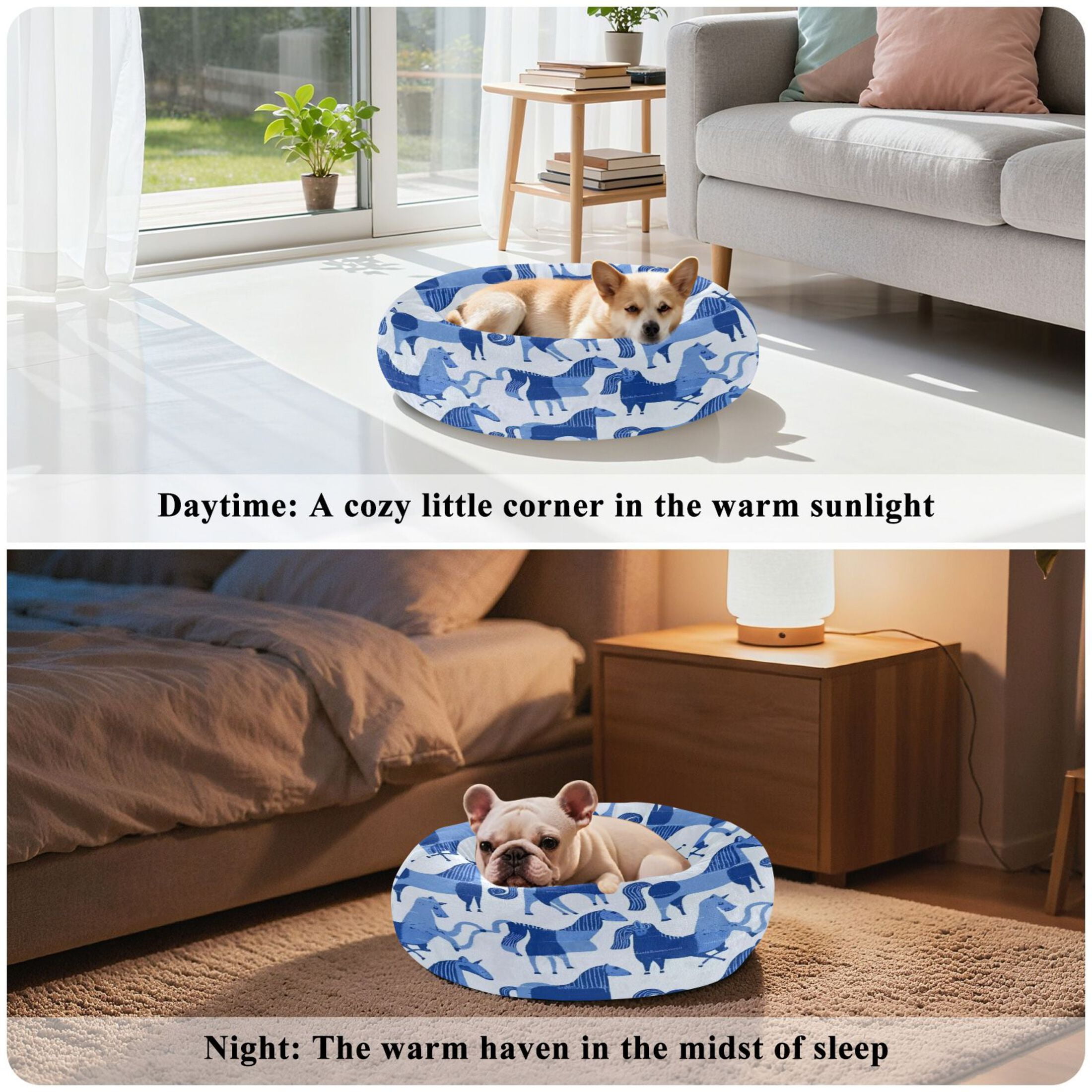 Iauyy Pet Couch Donut Cat Bed for Indoor Cats/Small Dogs Washable & Machine with Non-slip Bottom Calming Cat Furniture, Blue-toned Horse (S)