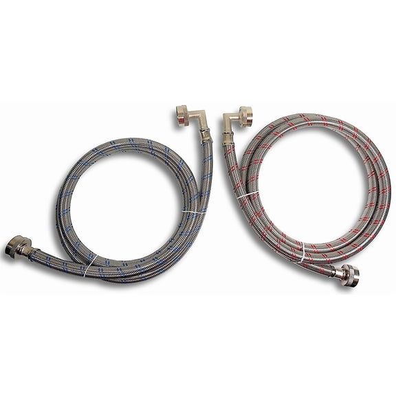 Premium Stainless Steel Washing Machine Hoses with 90 Degree Elbow, 10 Ft Burst Proof 2 Pack Red and Blue Striped Water Connection Inlet Supply Lines - Lead Free