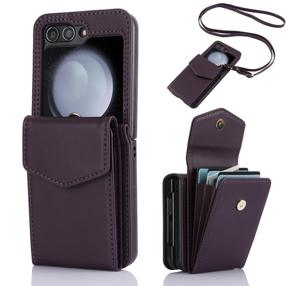 TECH CIRCLE For Galaxy Z Flip 4 Case with Card Holder Strap Lanyard,PU Leather Women Men Protective Wallet Phone Case Crossbody Cover Purse Cover for Samsung Galaxy Z Flip 4 5G 6.7" 2022,Darkpurple