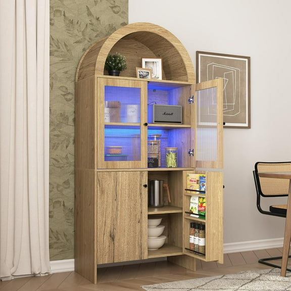 69" LED Tall Arched Kitchen Pantry Cabinet, Wood Kitchen Storage Hutch with 2 Large Drawers and Adjustable Shelves, Glass Dome Cupboard for Dining Room, Bathroom,Livingroom