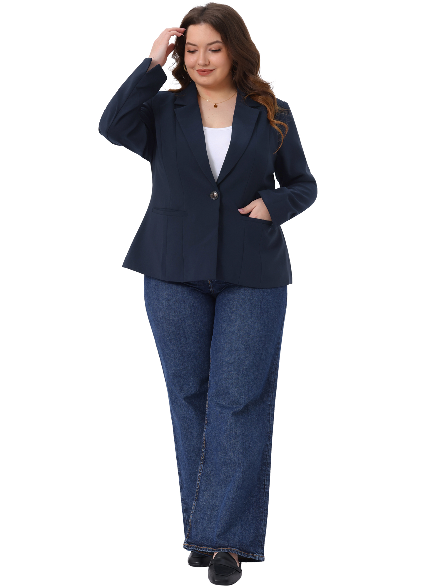 DARING DIVA Women's Plus Notched Lapel Long Sleeve Notched Lapel Business Blazer 4X Navy Blue