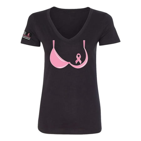 

Wild Bobby Pink Ribbon Women Bra T Shirt USA Flag Sleeve Breast Cancer Awareness Women Junior Fit V-Neck Tee Black X-Large
