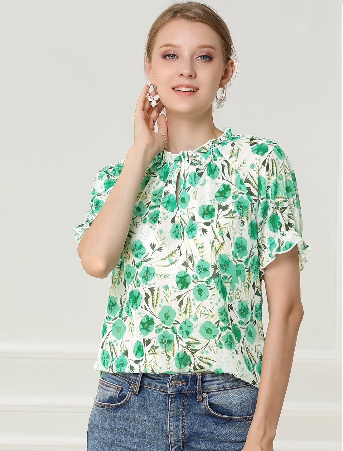 DARING DIVA Women's Floral Ruffled Neck Short Sleeves Top Blouse XS Green