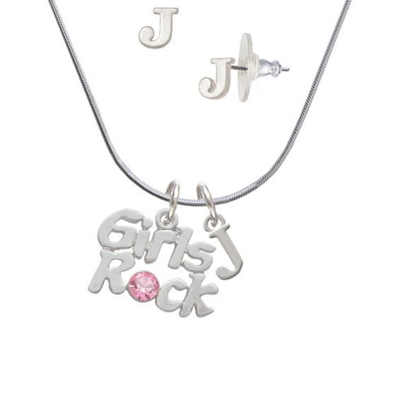 Girls Rock with Light Pink Crystal - J Initial Charm Necklace and Stud Earrings Jewelry Set