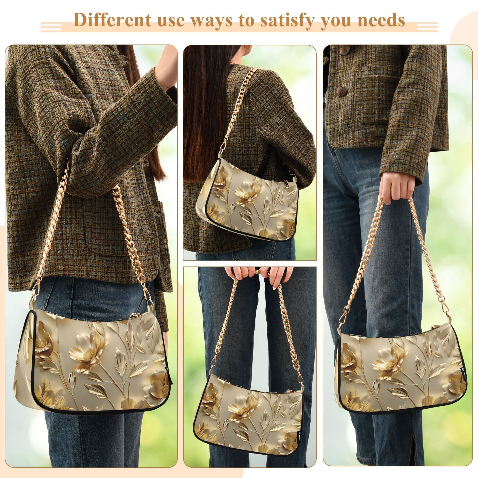 Gold Flowers and LeavesWomen Small Shoulder Bag Crossbody Tote Hobo Bags Purse Clutch Handbags with Chain Strap for Women