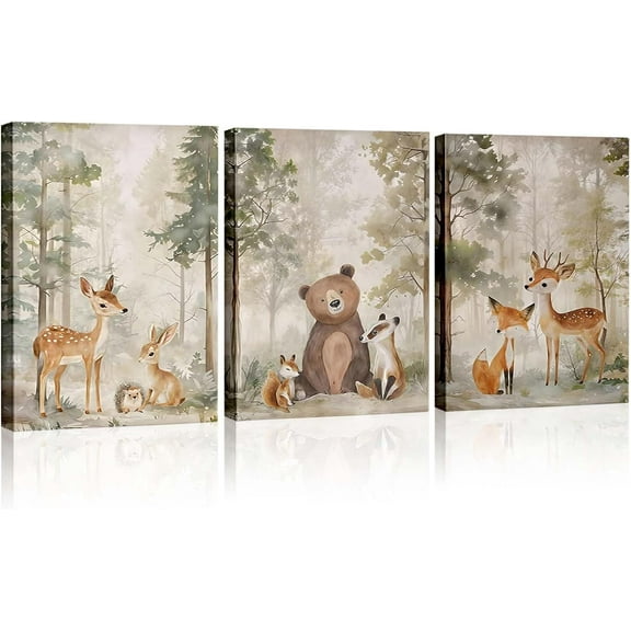 Childrens Day Canvas Wall Hieng, Neutral Baby Elephant Giraffe Lion Pictures Print, Boho Safari Poster Vintage Framed Oil Painting for Boys Nursery or Animal Baby Room Decor