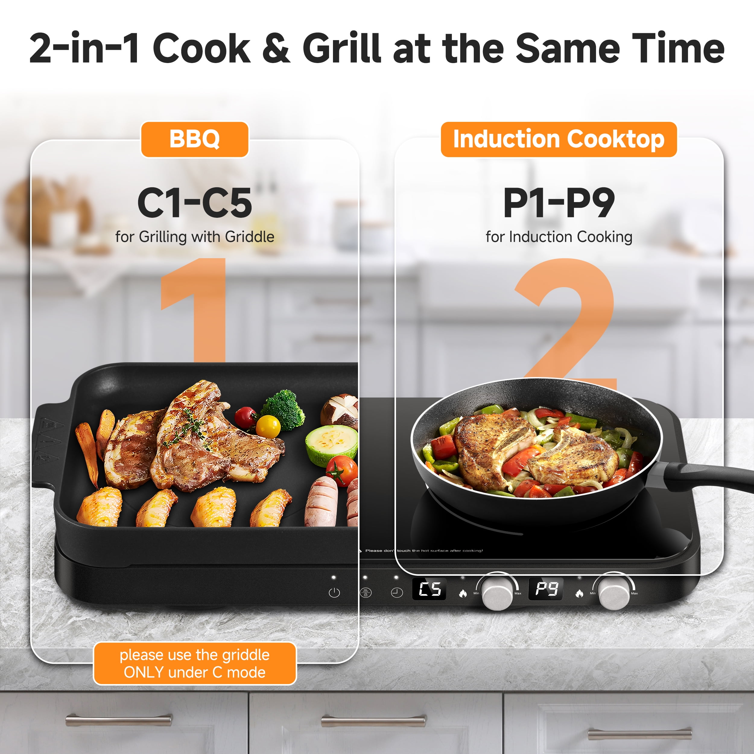 Sunmaki Portable Double Induction Cooktop with Removable Griddle Pan Non-stick, 1800W 2 burner Induction Hot Plate With Sensor Touch 9 Power Levels, 99 Min Timer,Great for Family Party