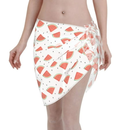 Qekee Hand Drawn Watermelon Women s Short Sarongs Cover Ups Sheer Bikini Wraps for Swimwear