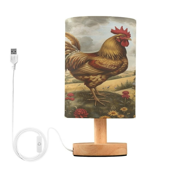 Farmhouse Rooster Flowers Bedside Table Lamp Desk Warm Lights with USB Charging Port Cylinder LED Lamps for Bedroom Living Room Office