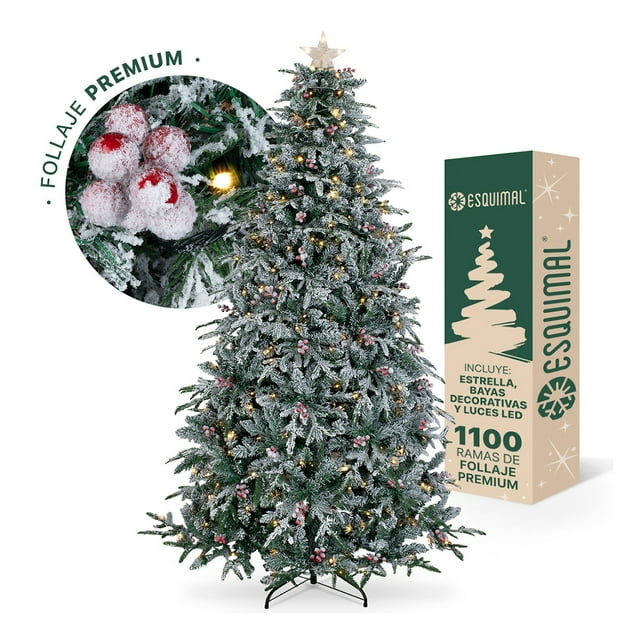Árbol Navidad Nevado Esquimal Luces Led Piñas + Bayas Rojas + Estrella 2.20m