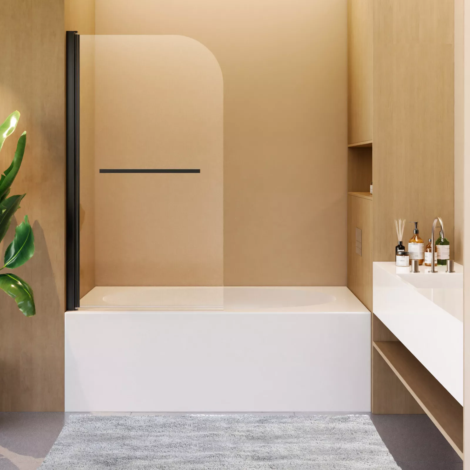 Frameless Pivot Shower Door Panel for Bathtub, 1/4" SGCC Tempered Glass, 31''x55'' Matte Black