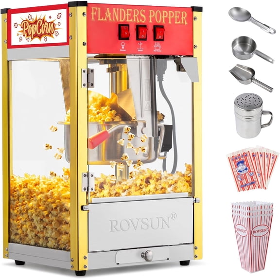 PEXMOR 8oz Popcorn Machine, 32 Cups Commercial Popper, Stainless Steel Kettle Oil Spoon & 3 Popcorn Cups for Home Theater