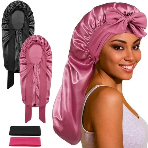 Squae 2pcs Long Bonnet Satin Bonnet with Tie Band for Sleeping Women, Double Layer Silk Sleep Cap, Braid Bonnet with Stretchy Tie Band（Rose red，Black）