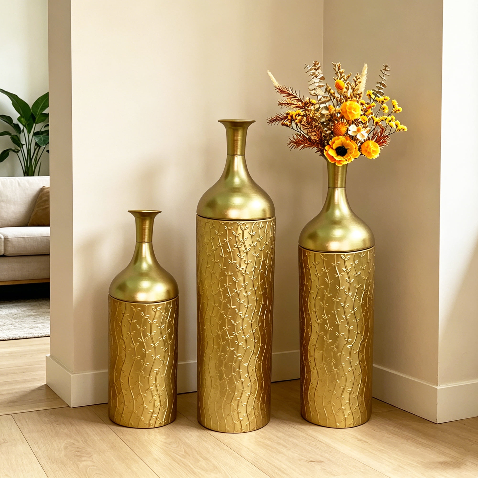 Leumius Decorative Metal Vases Set of 3, Gold Leaf Pattern Floor Vases, Gold Tall Vases for Home Decor, Living Room Entryway Decor
