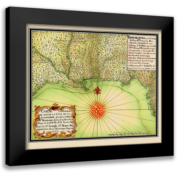de Batz 13x12 Black Modern Framed Museum Art Print Titled - Gulf of Mexico Coast United States - de Batz 1747