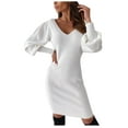thumbnail image 2 of QUINDOS Dresses for Women 2025 V-neck Long Sleeve Formal Bodycon Evening Dress Summer Hip Wrap Backless Solid Color Mini Knee Length Womens Dresses, 2 of 8