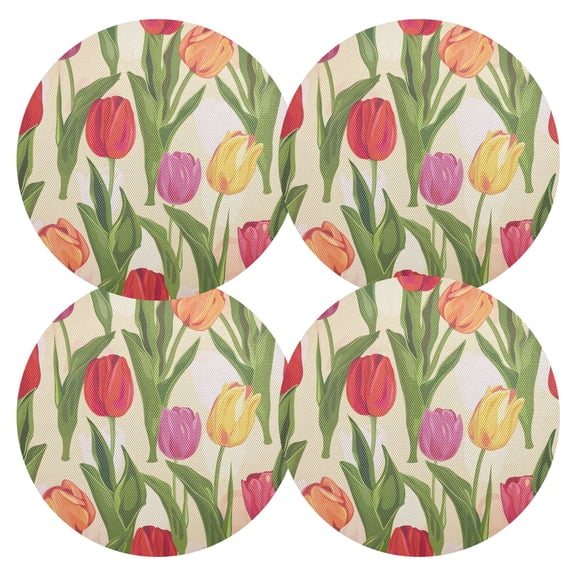 Ryvnso Tulip Floral Round Plate Mats Dining Table Placemat Set of 4 for Holiday Decoration