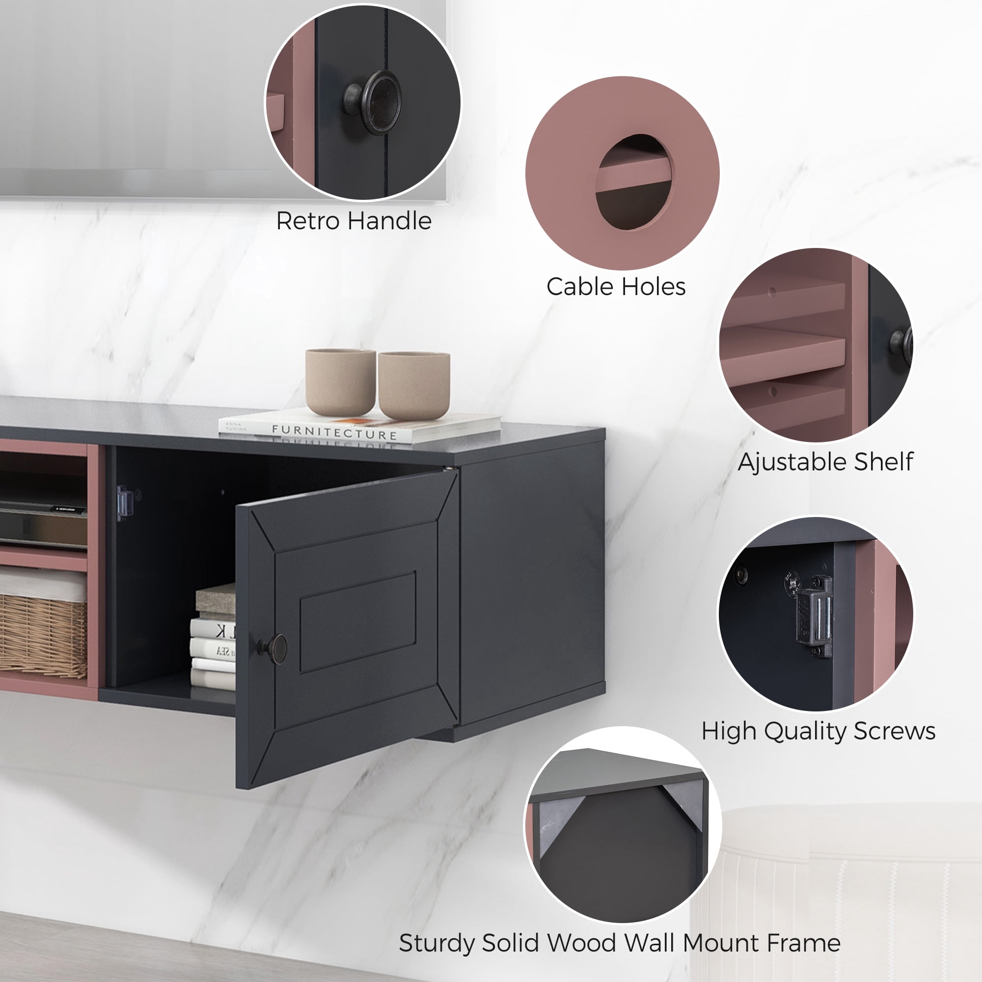 Aukfa Floating TV Stand for TVs up to 60" - Wall Mounted TV Shelf with Cabinets - Black