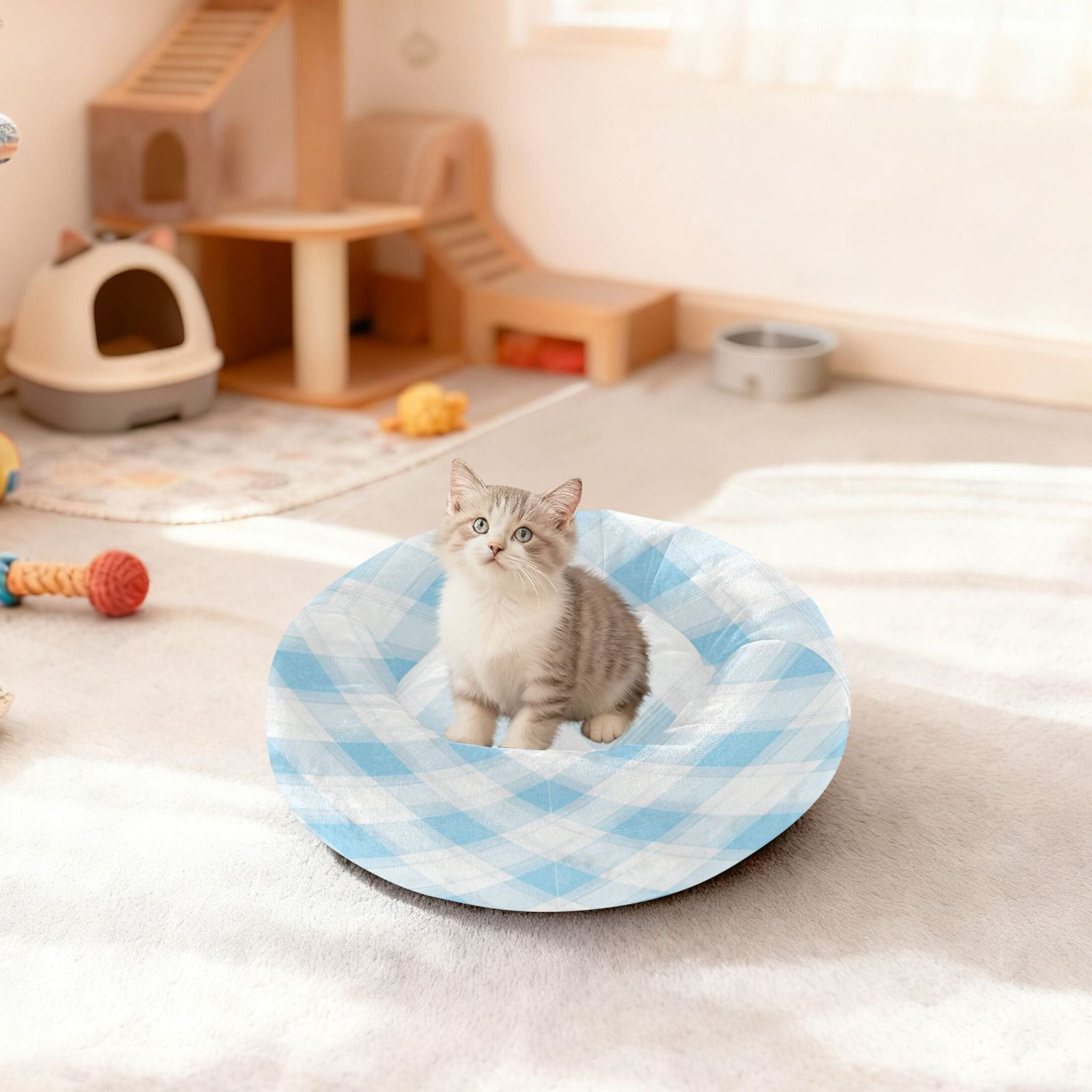 Iauyy Pet Couch Donut Cat Bed for Indoor Cats/Small Dogs Washable & Machine with Non-slip Bottom Calming Cat Furniture, Light and Airy Watercolor Style (S)