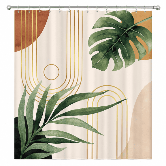 Boho Sage Green Shower Curtain 72Wx72L Inches, Abstract Bohemian Mid Century Bathroom Curtains, Plant Botanical Palm Leaf Cute Decor Fabric Shower Curtain Set Bathroom Rugs Waterproof 12 Hooks