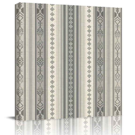 Vintage Geometric Lines on Beige Grey Canvas Artwork Painting Art, Boho Pattern on Stripe Square Framed Wall Decorations Prints Picture for Bedroom Kitchen Living Room, 12x12 in