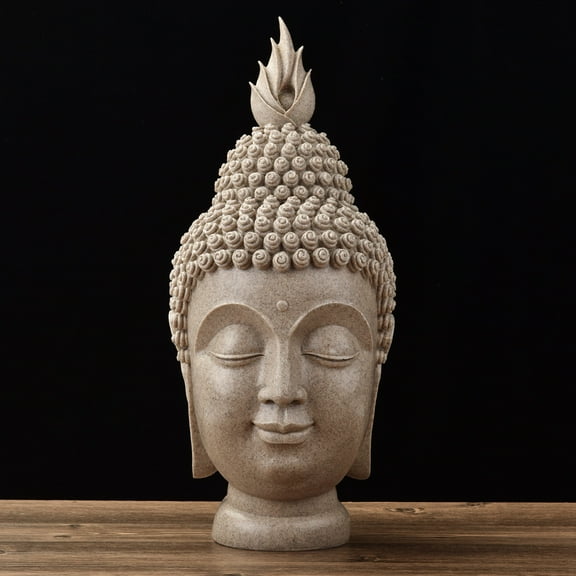 Buddha Head Statue Zen Meditation Decoration, Resin Stone Gray Buddha Head Statue for Buddhist Spiritual Altar Decoration Buddhism Gifts  17*17*34CM