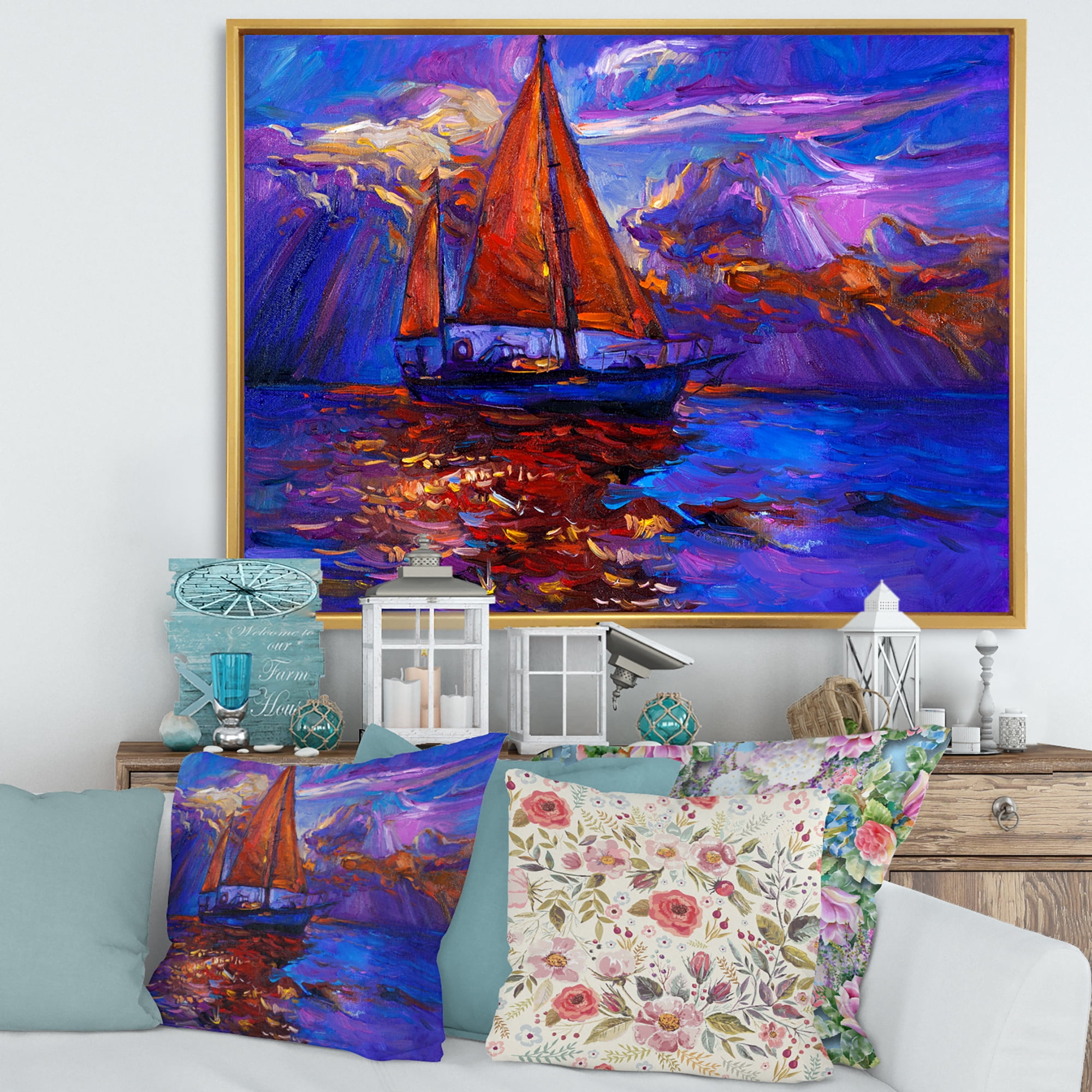 Designart 'Red Sail Ship On Purple Sunset in Blue Ocean' Nautical & Coastal Framed Canvas Wall Art Print