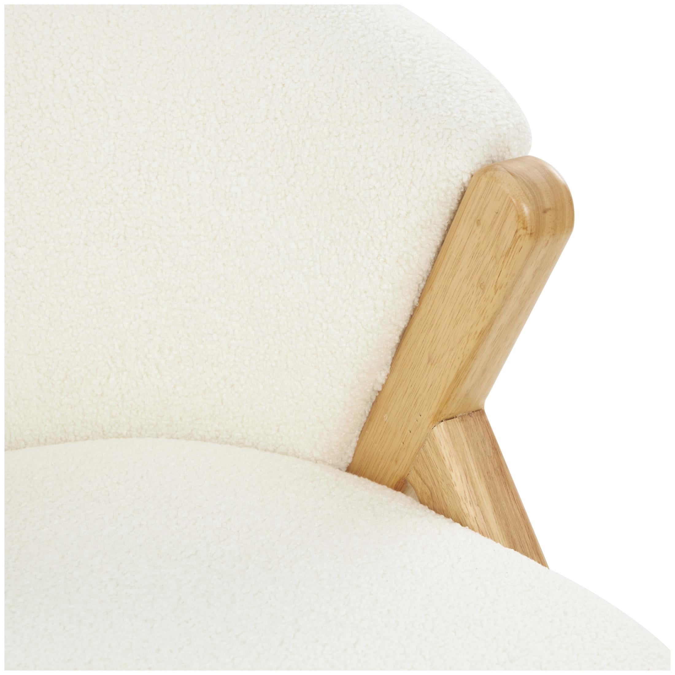 DecMode Polyester Rounded Boucle Lounge Chair with Angled Wooden Legs, White