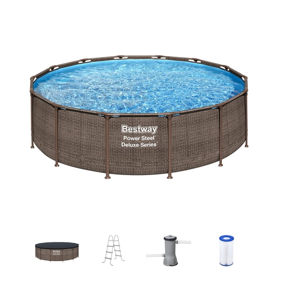 Bestway Power Steel 14’x42” Metal Frame Above Ground Pool w/ Pump, Ladder, & Cover, Brown