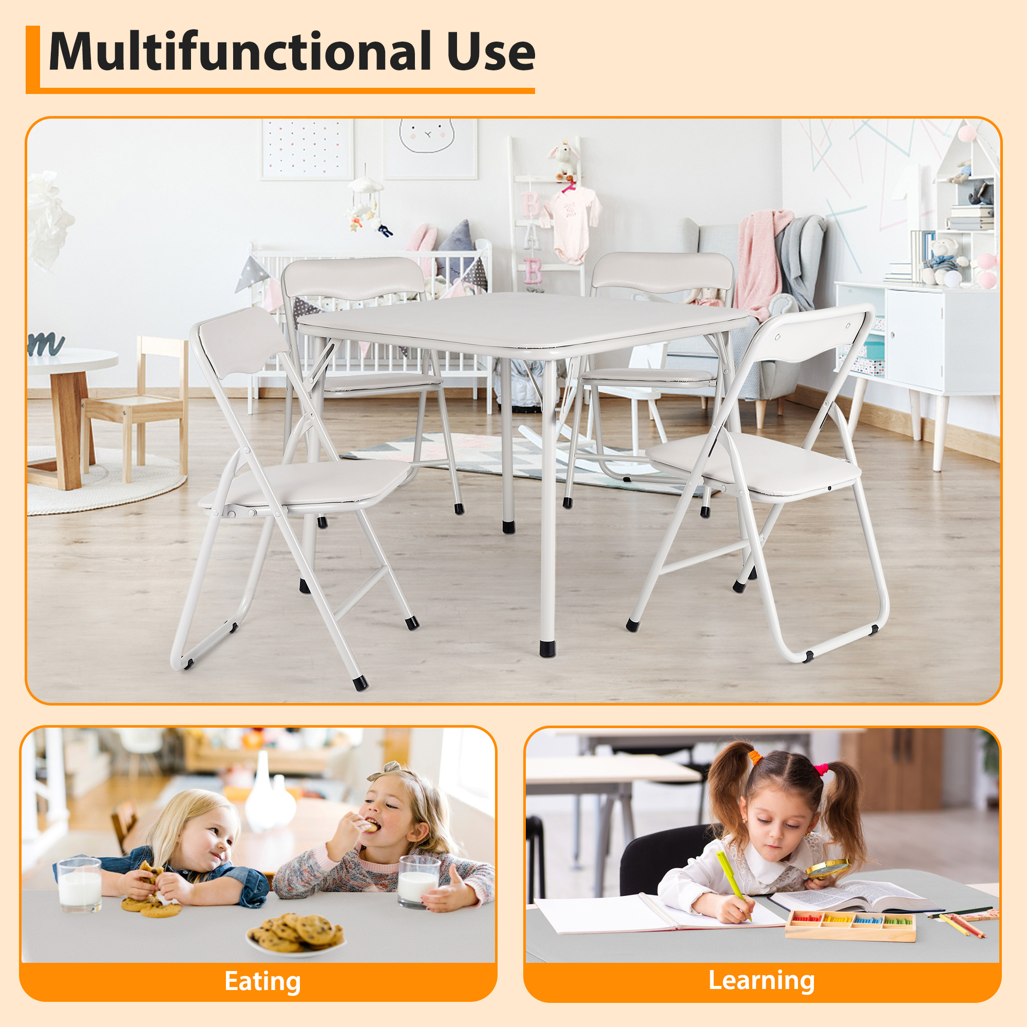 Black 5-Piece Kids Folding Table and Chair Set - Upholstered Metal Frame Activity Table Set for Eating, Reading & Playing