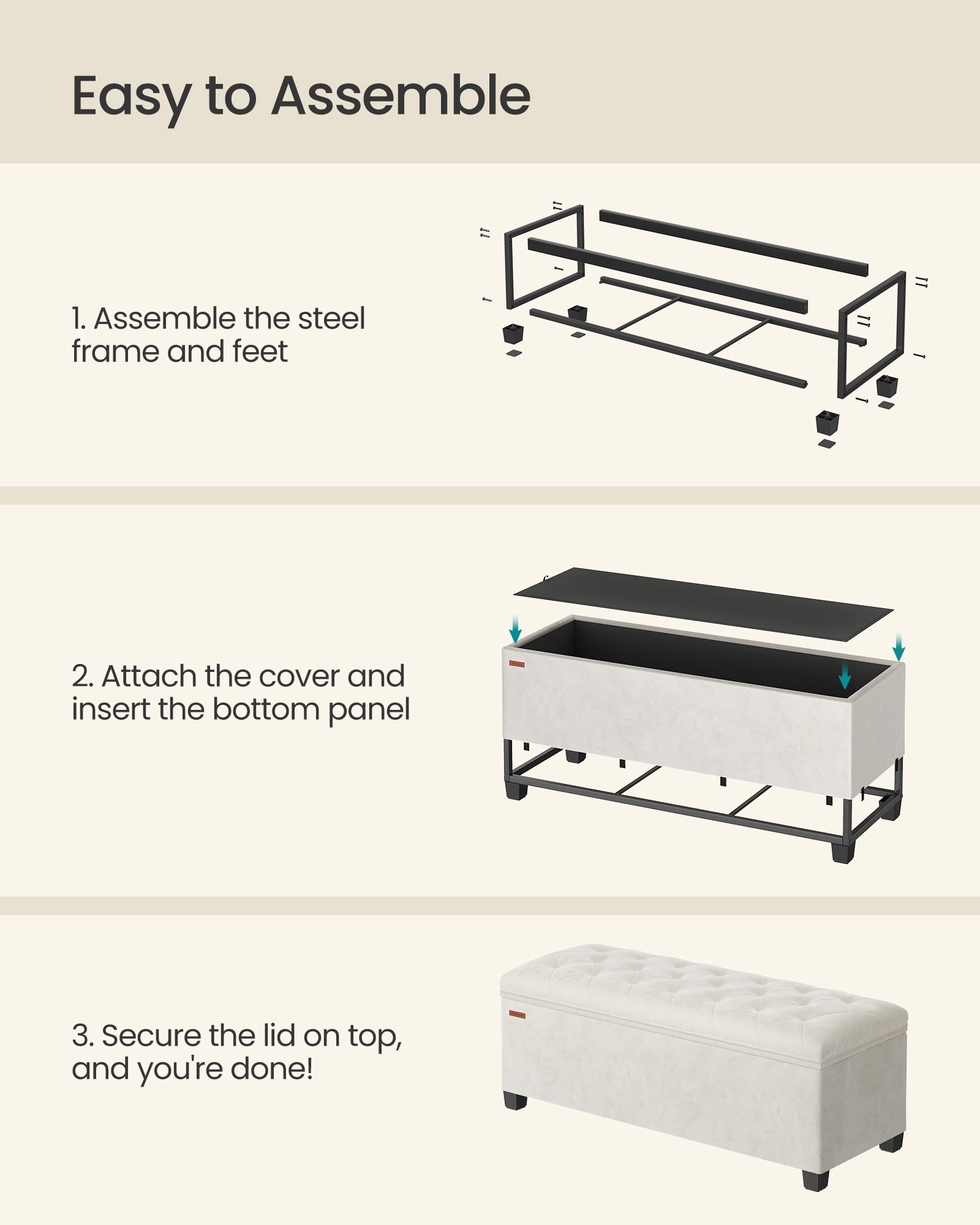 SONGMICS 43" Storage Ottoman Bench Foot Rest with Legs End of Bed Bench Storage Chest Load up to 660 lb for Living Room Bedroom Cream White