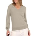 thumbnail image 3 of Suéter de Larga con Cuello en V para Mujer, Estilo Casual Clásico de Otoño, Suave y Holgado, Básico, Tipo Jersey Albaricoque Gris XXL, 3 of 10
