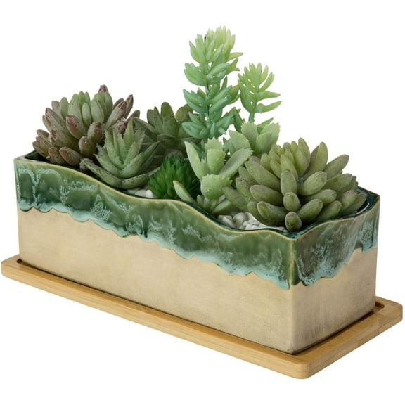 MyGift Decorative Beige and Green Ceramic Glazed Rectangular Planter with Bamboo Tray