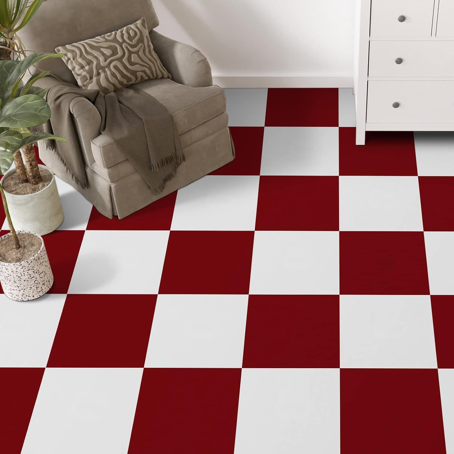 (4 pack) UMIGGEE Red and White Vinyl Flooring 12"x12" (10Pcs/Pack) Peel and Stick Floor Tile/Coverings Easy to Install for Kitchen Living Room (10 sq. ft./Pack, 5 Black and 5 White)