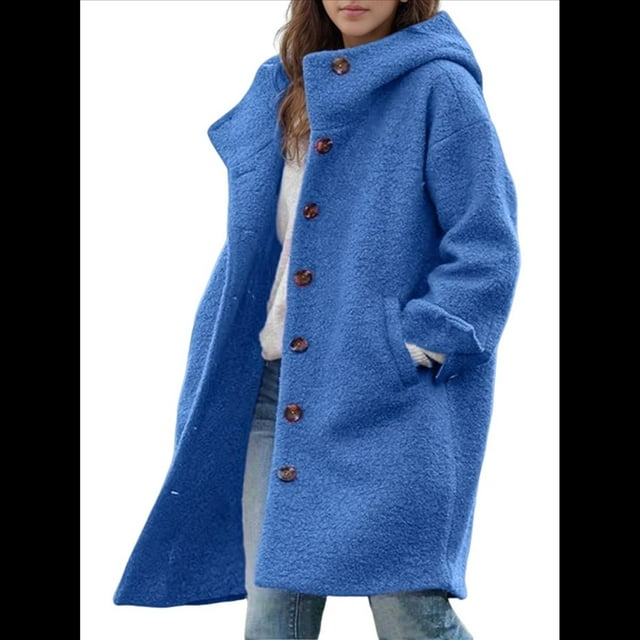 Chaqueta Cortavientos Informal con Capucha y Botonadura Sencilla de Invierno para Mujer Azul L