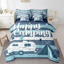 Erosebridal RV Accessories Camper Bedding Sets Twin Size, Happy Camping Comforter Sets with Sheets, Blue White Stripe Bedding Accessories, Ultra Soft Bedroom Decor, Reversible 7pcs