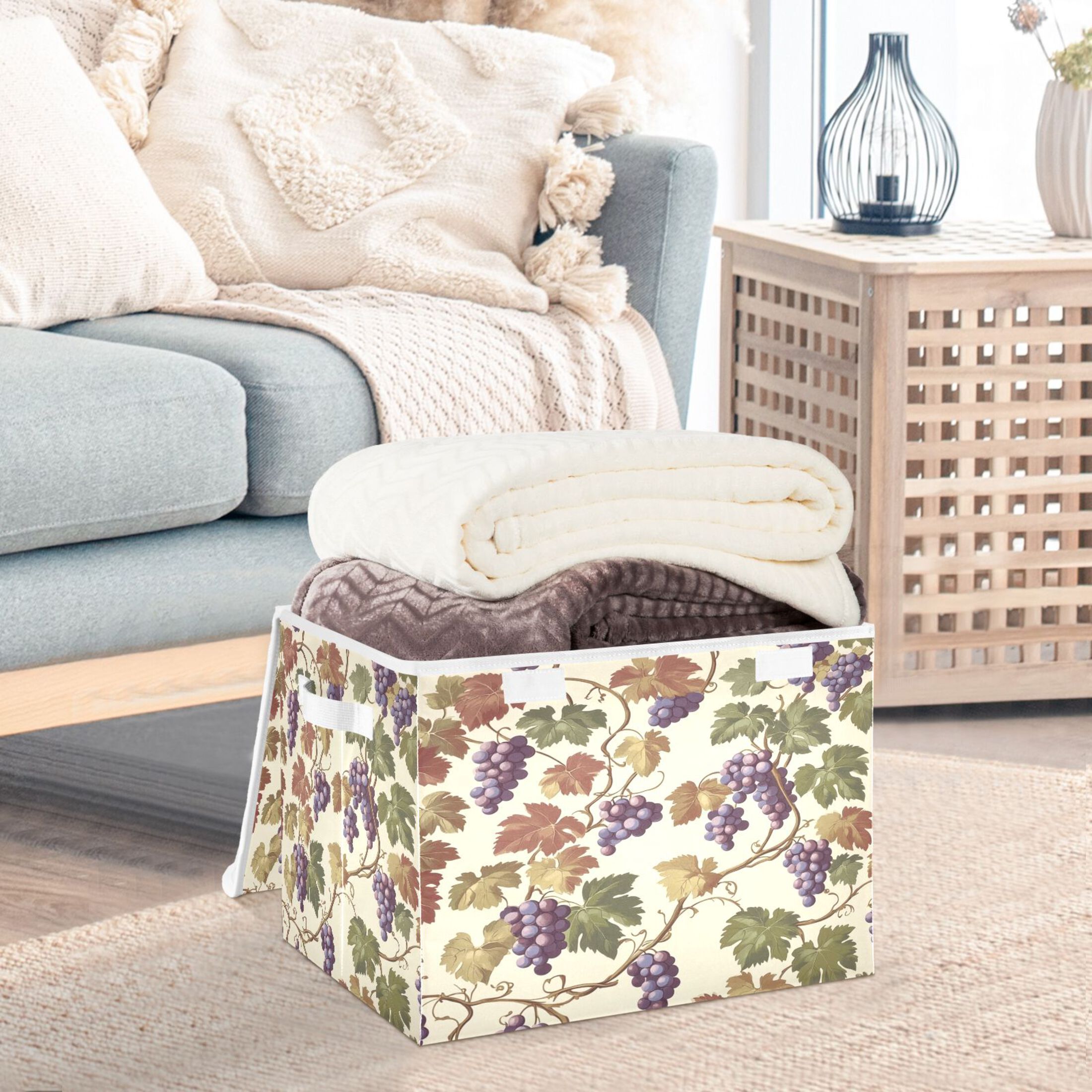 WOBOGO Grape Seamless Picture Large Collapsible Storage Box Flip Lid Fabric Decorative Organizer Container Basket with Handles 16.5×12.6×11.8in