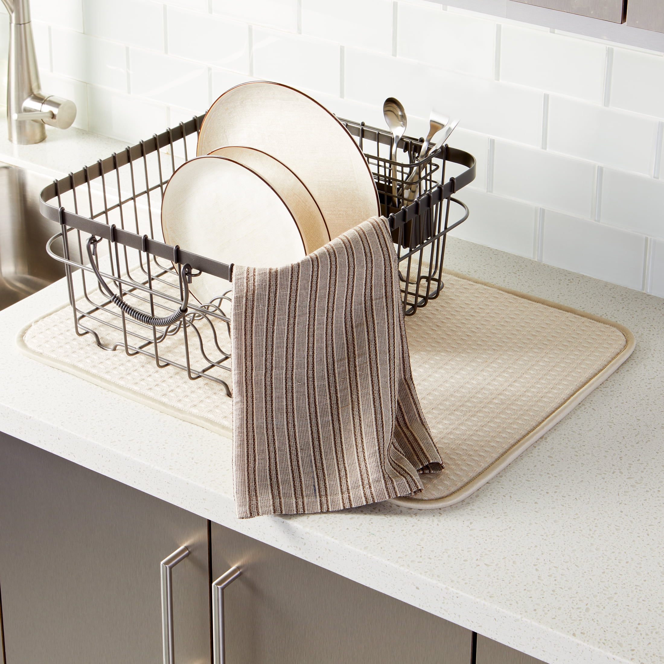 Better Homes & Gardens Miller Ivory Polyester 18” x 24” Dish Dry Mat & Brown Cotton 20” x 30” Kitchen Towel 2 Piece Set